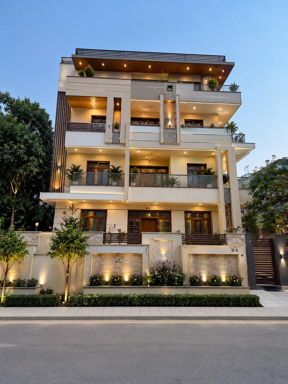 Premium multi-floor residential exterior at dusk